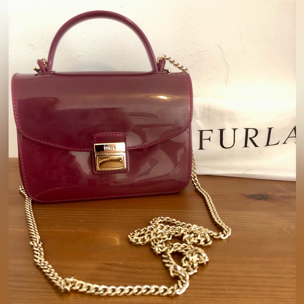 Furla Glossy Plum Crossbody Bag with Gold Chain